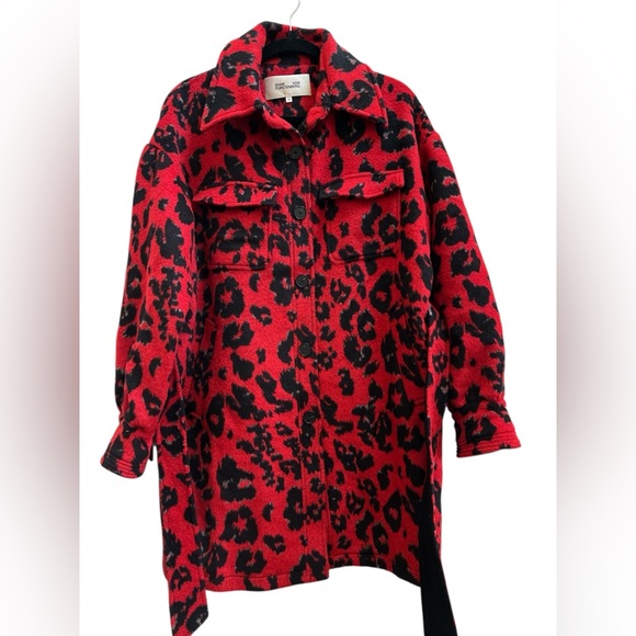 Diane von Furstenberg Red Leopard Wool Blend Belted Coat Jacket M - Picture 5 of 7